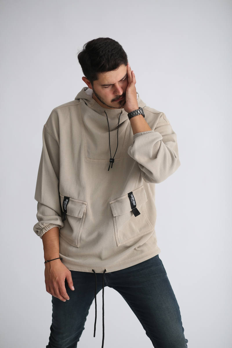 Bej Kapşonlu Jean Sweatshirt 4288