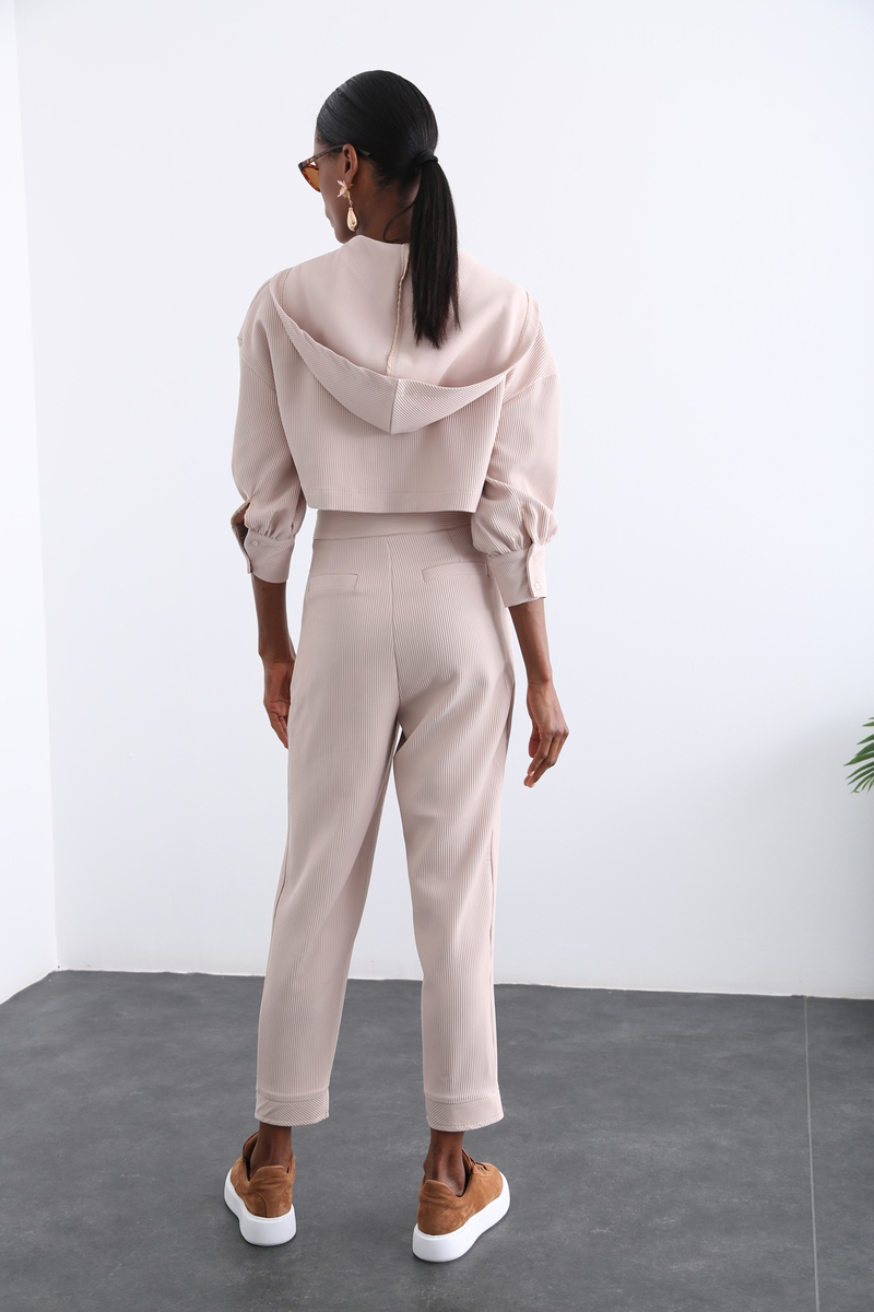 Bej Kapüşonlu Fitilli Crop Takım 3593