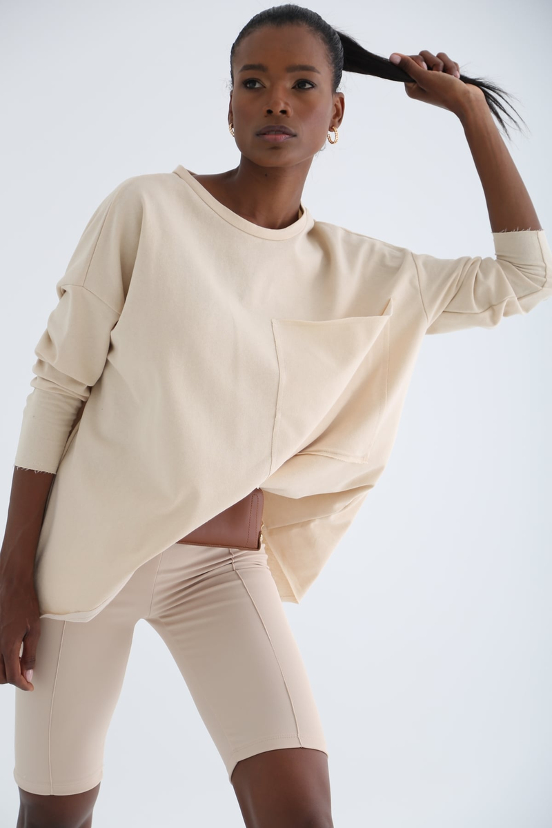 Bej Kargo Cep Oversize Sweatshirt 1323