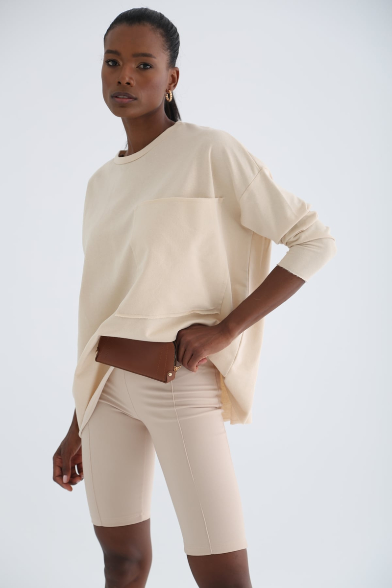 Bej Kargo Cep Oversize Sweatshirt 1323