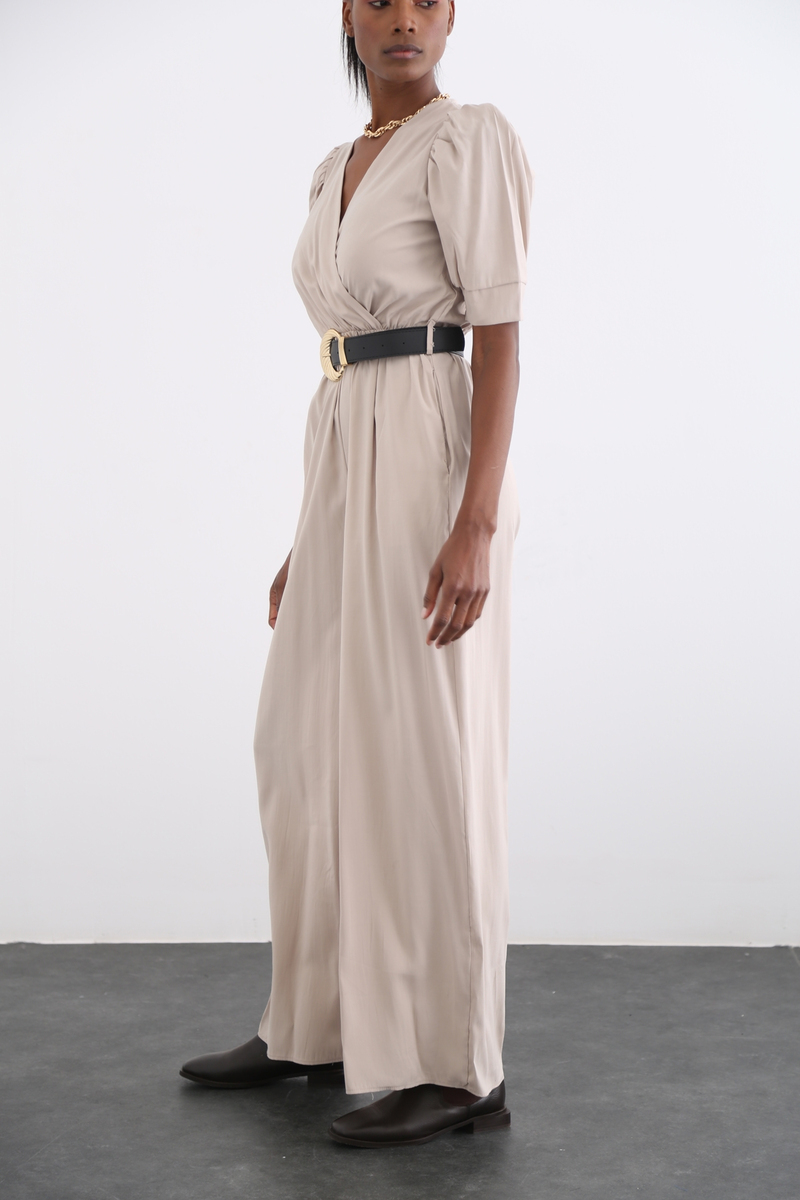 Bej Kemer Detaylı Kruvaze Tulum 7381