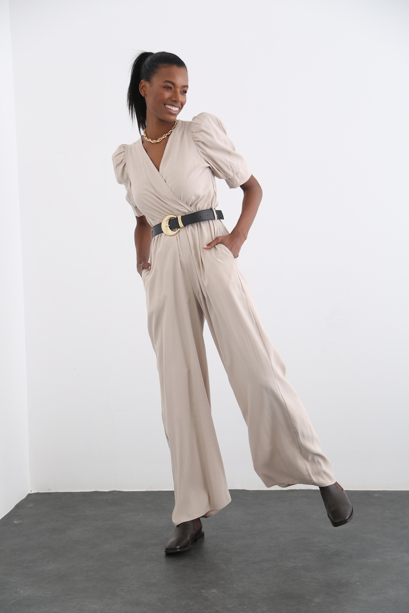 Bej Kemer Detaylı Kruvaze Tulum 7381