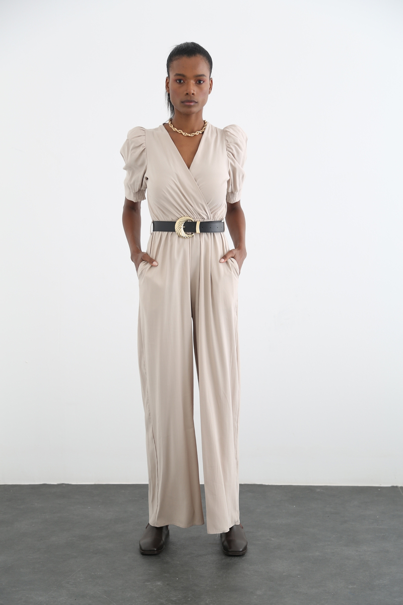 Bej Kemer Detaylı Kruvaze Tulum 7381