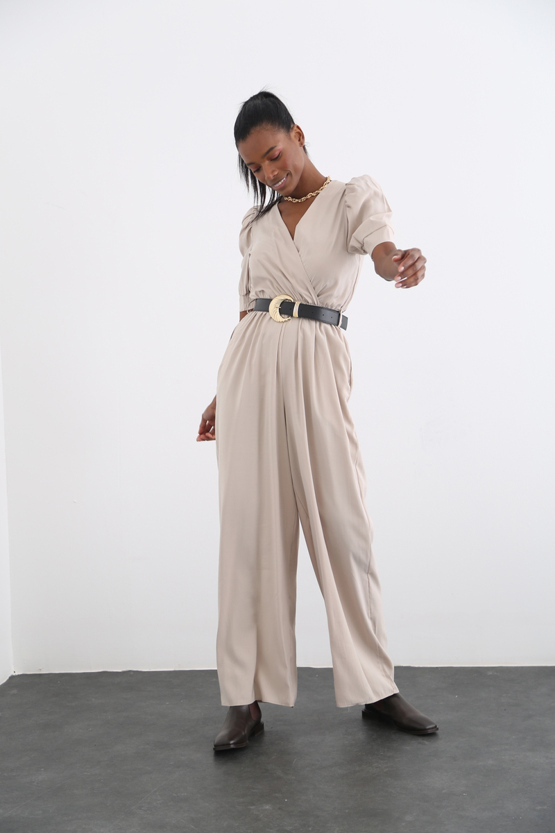 Bej Kemer Detaylı Kruvaze Tulum 7381