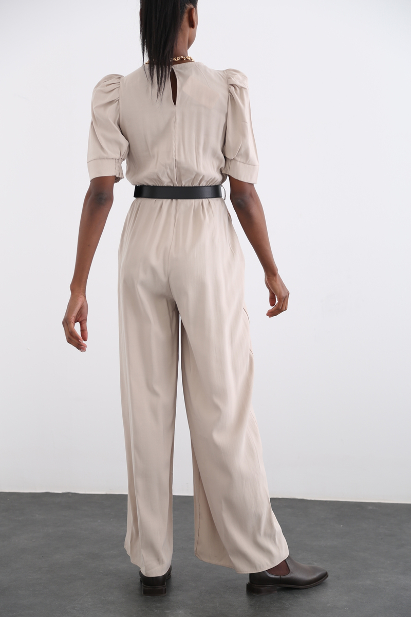 Bej Kemer Detaylı Kruvaze Tulum 7381