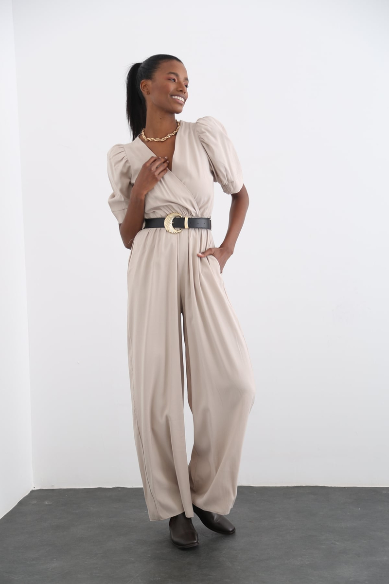 Bej Kemer Detaylı Kruvaze Tulum 7381