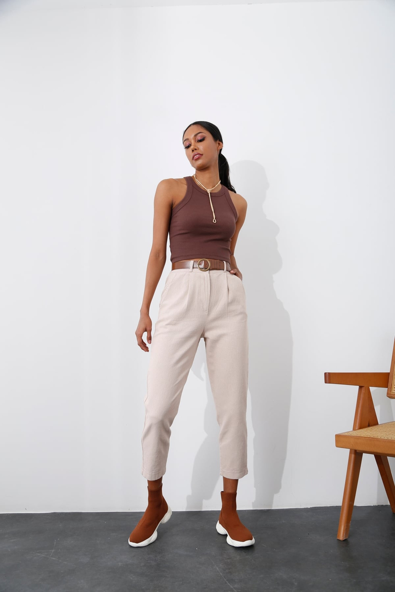 Bej Kemerli Gabardin Pantolon 50205