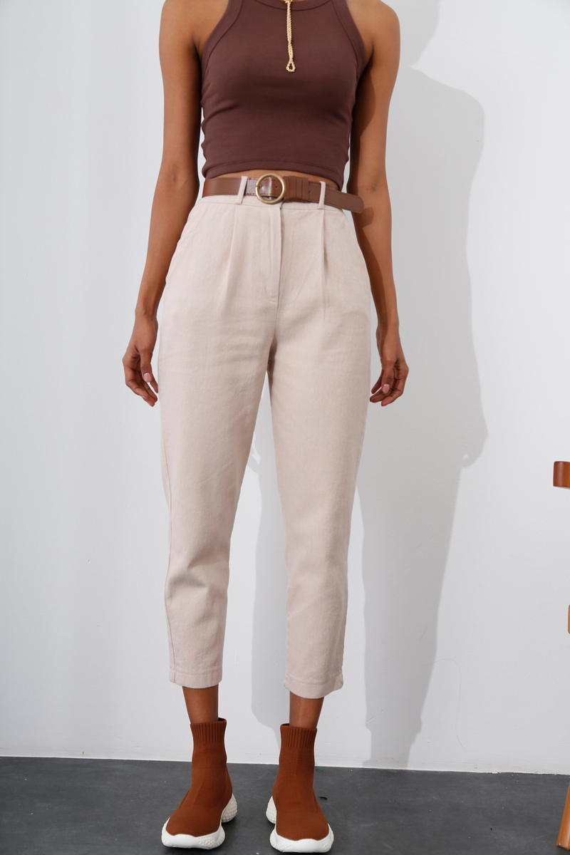 Bej Kemerli Gabardin Pantolon 50205