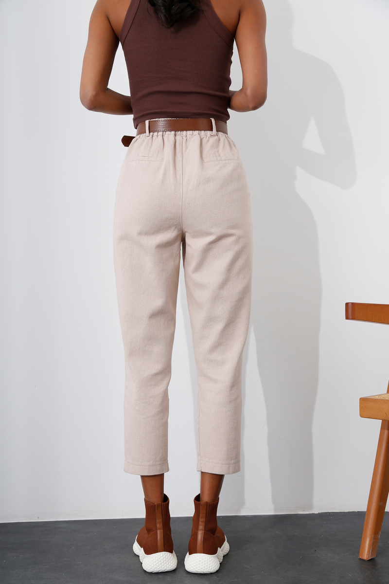 Bej Kemerli Gabardin Pantolon 50205