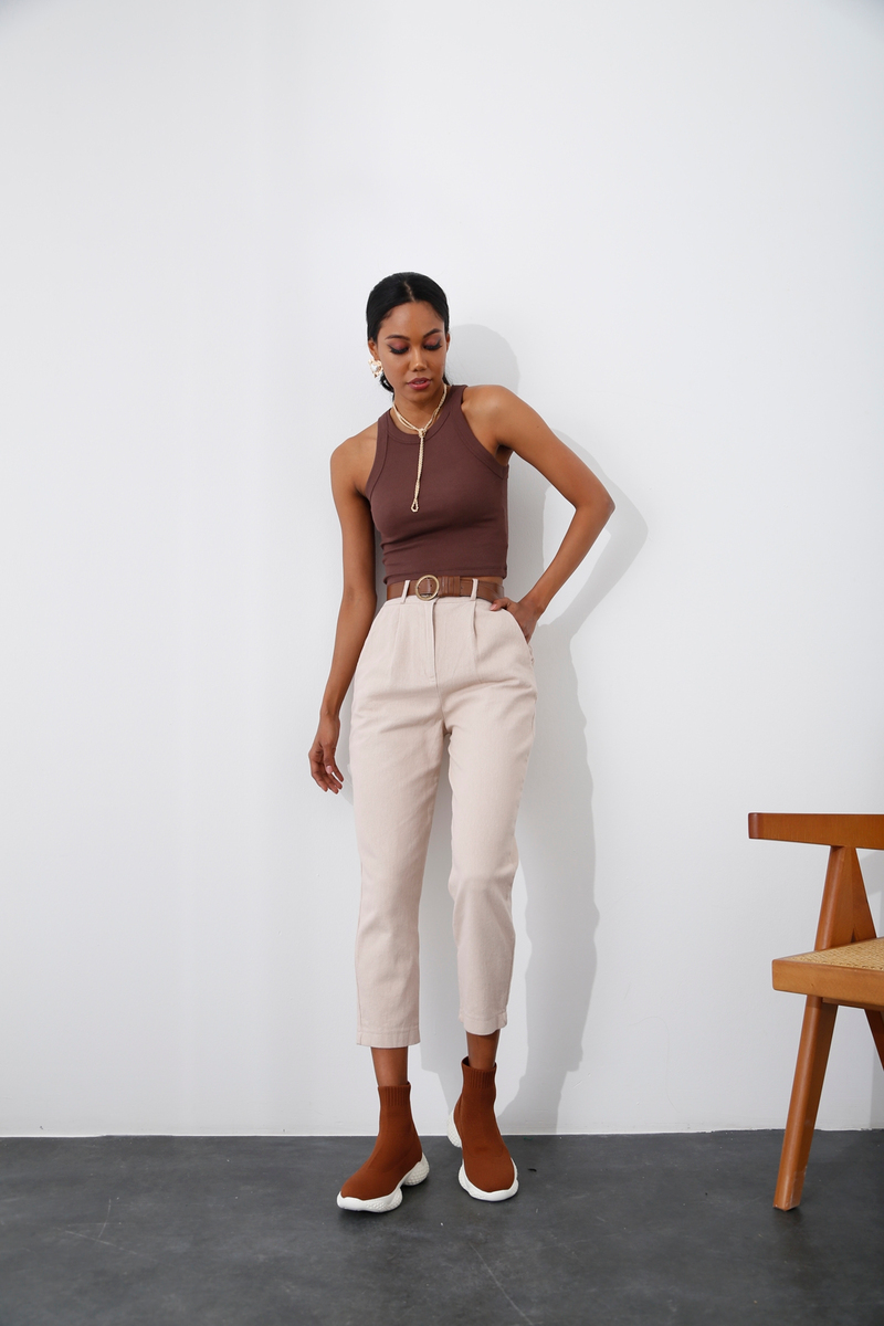 Bej Kemerli Gabardin Pantolon 50205