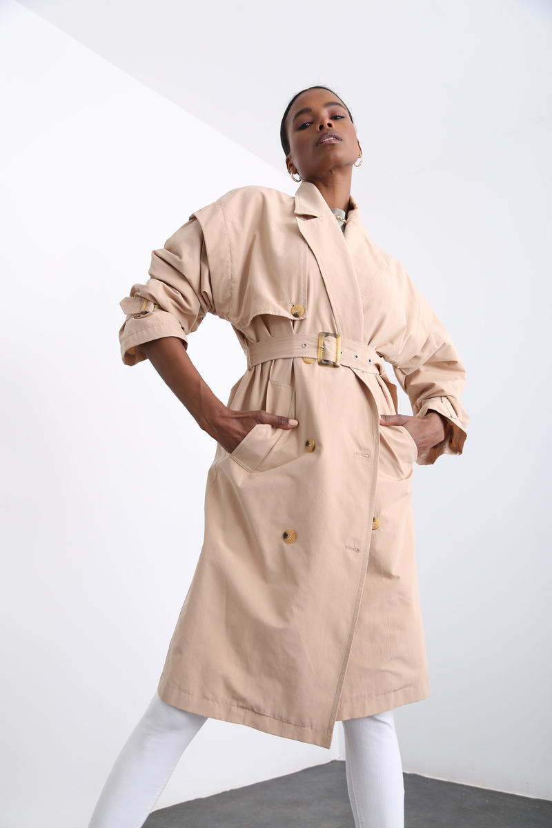 Bej Kendinden Kemerli Trenchcoat 16024