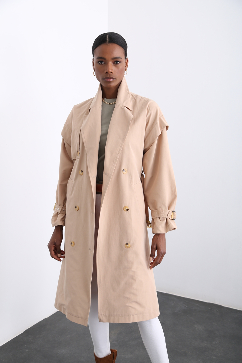 Bej Kendinden Kemerli Trenchcoat 16024