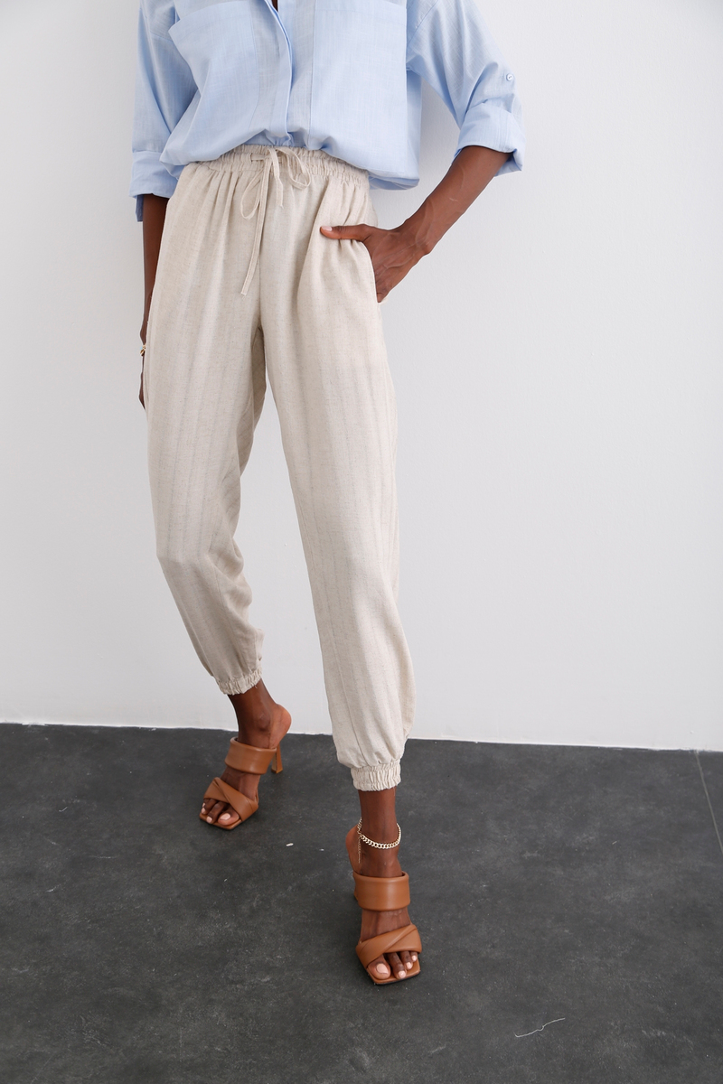 Bej Keten Jogger Pantolon 4124