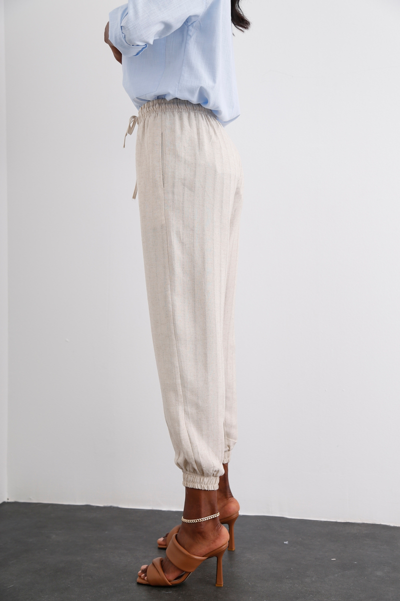 Bej Keten Jogger Pantolon 4124