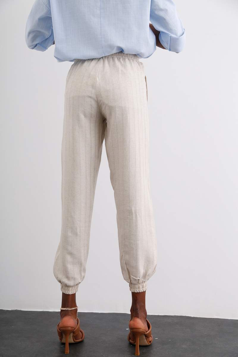 Bej Keten Jogger Pantolon 4124