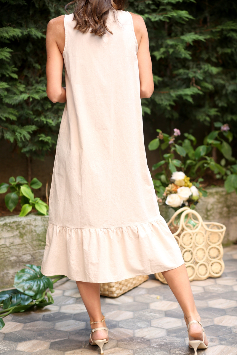 Bej Kolsuz Midi Elbise 3063
