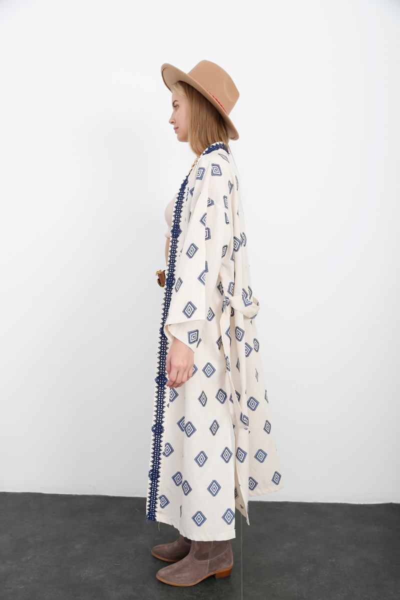 Bej Kuşaklı Desenli Kimono 9155