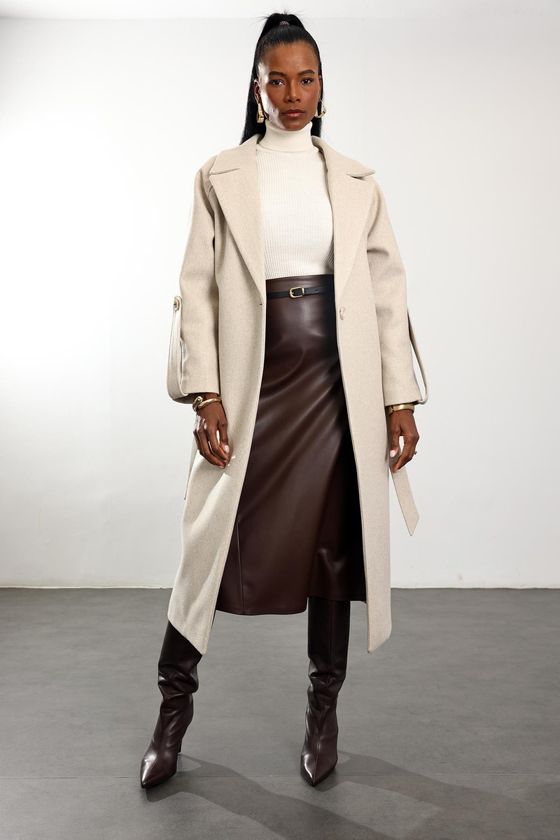 Bej Kuşaklı Kaşe Palto 1146