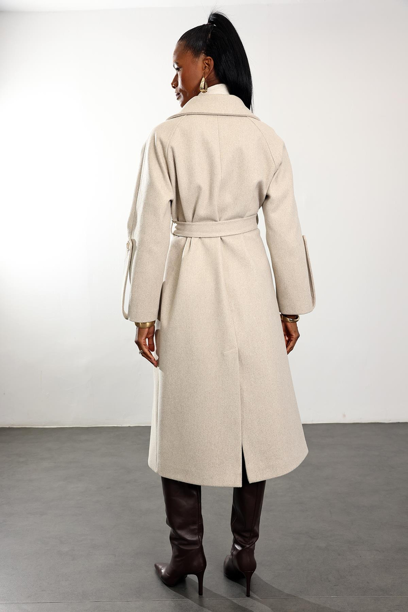 Bej Kuşaklı Kaşe Palto 1146