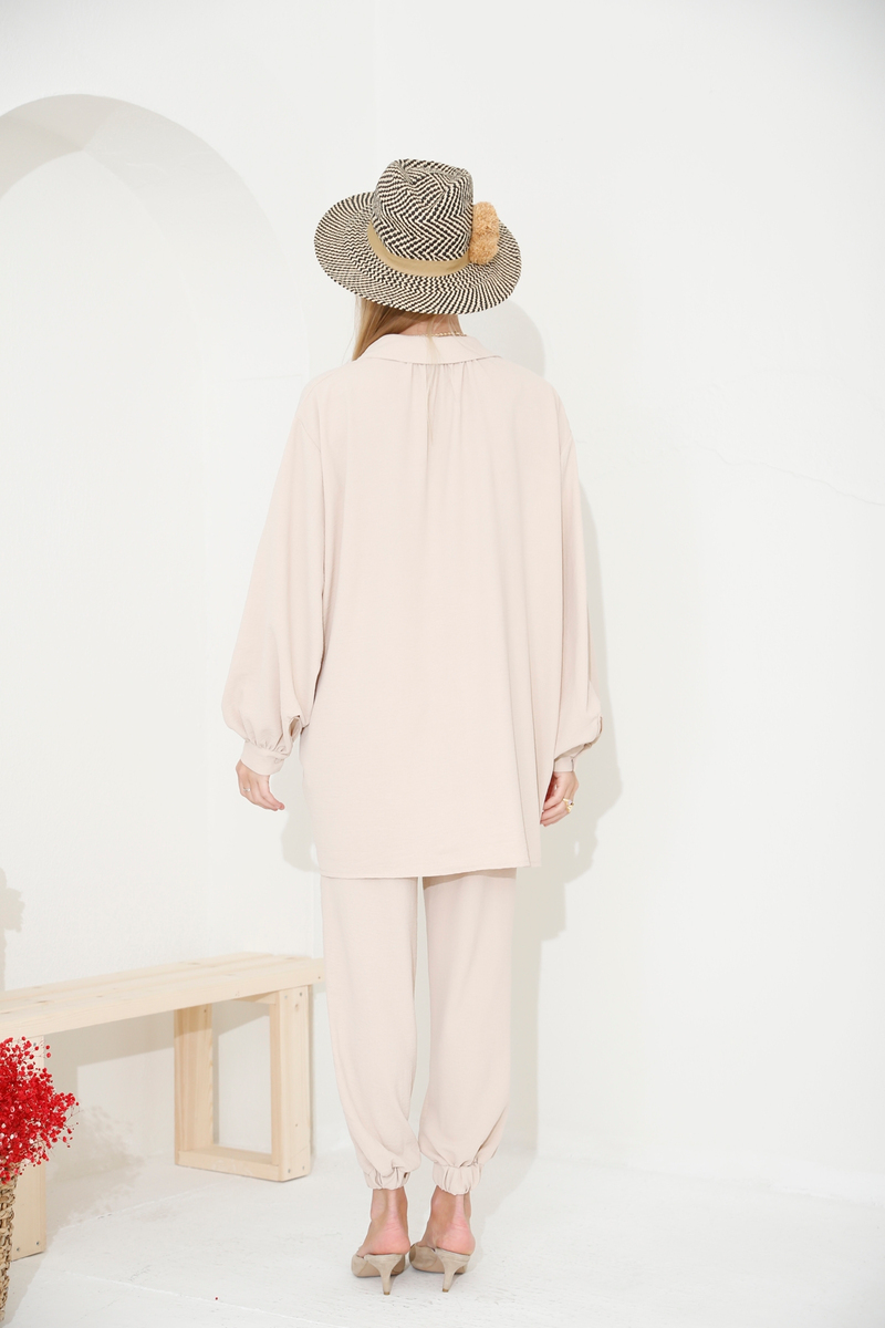 Bej Kuşaklı Oversize Gömlek Takım 98231