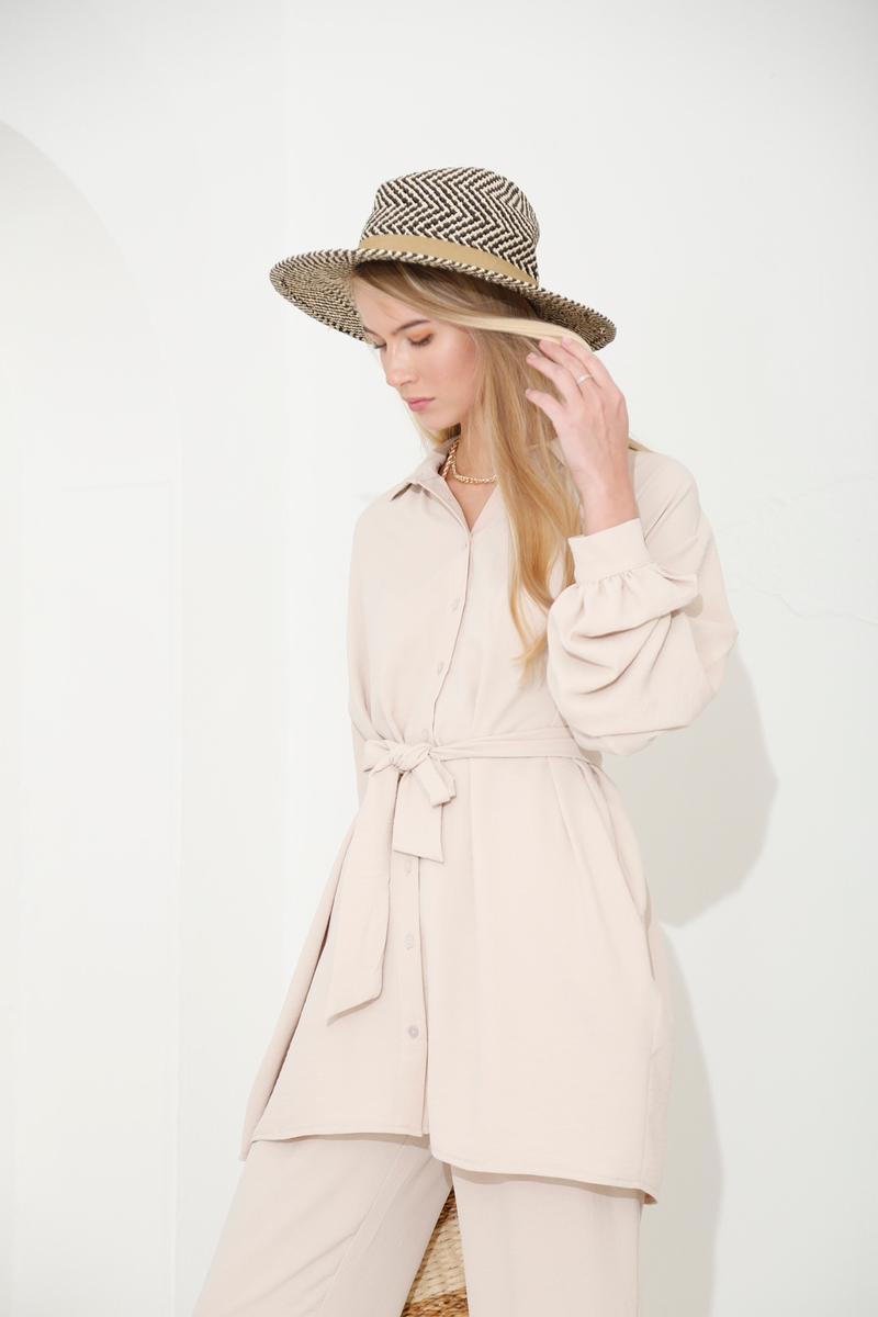 Bej Kuşaklı Oversize Gömlek Takım 98231
