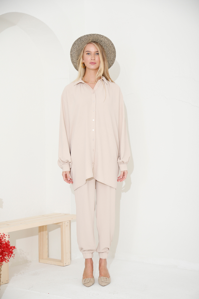 Bej Kuşaklı Oversize Gömlek Takım 98231