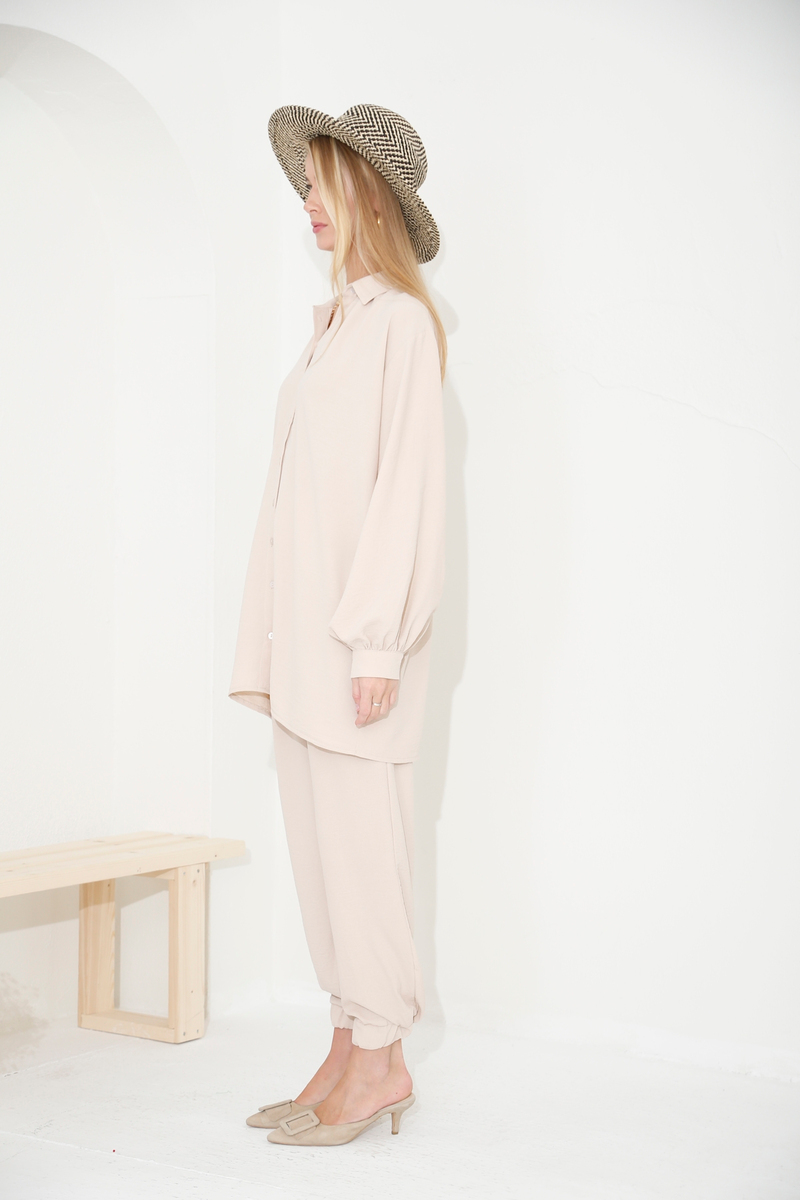 Bej Kuşaklı Oversize Gömlek Takım 98231