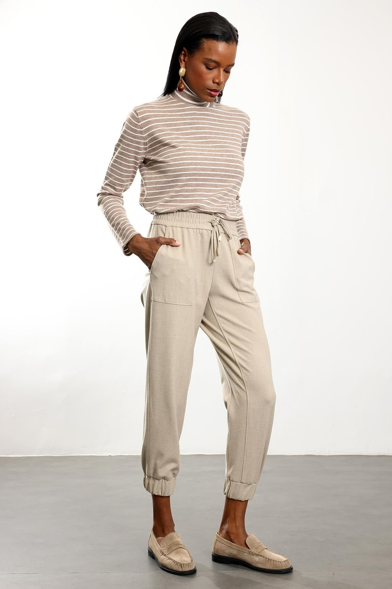 Bej Lastikli Paça Joggıng Pantolon 