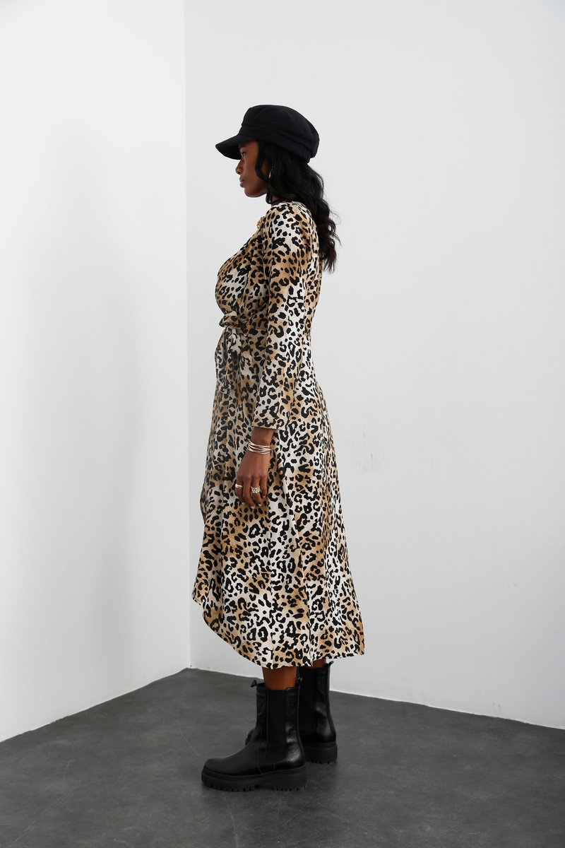 Bej Leopar Desen Elbise 10158