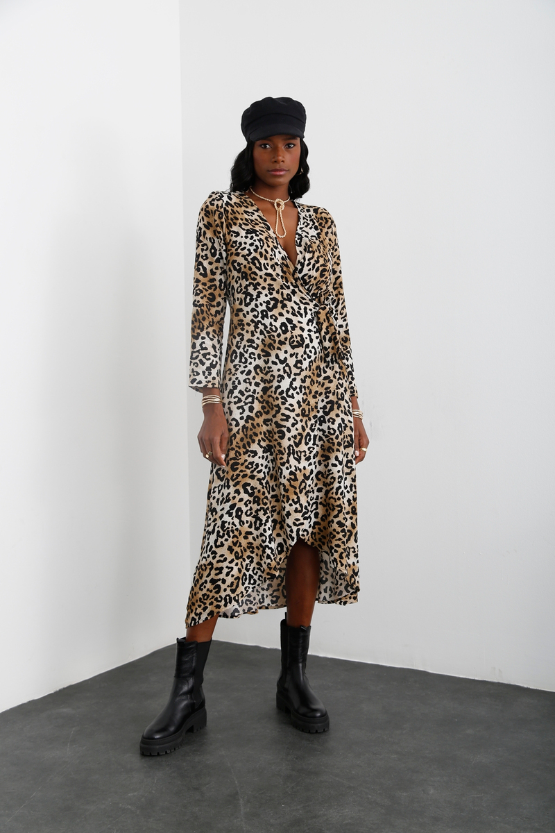 Bej Leopar Desen Elbise 10158