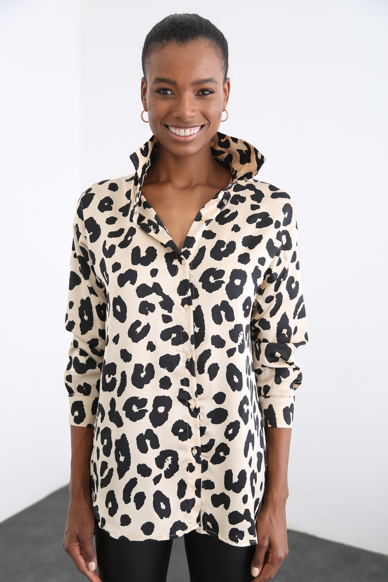 Bej Leopar Desenli Gömlek 8133