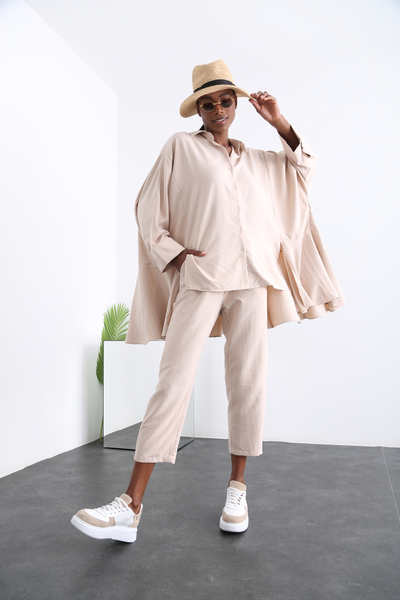 Bej Oversize Gömlek Takım 96056