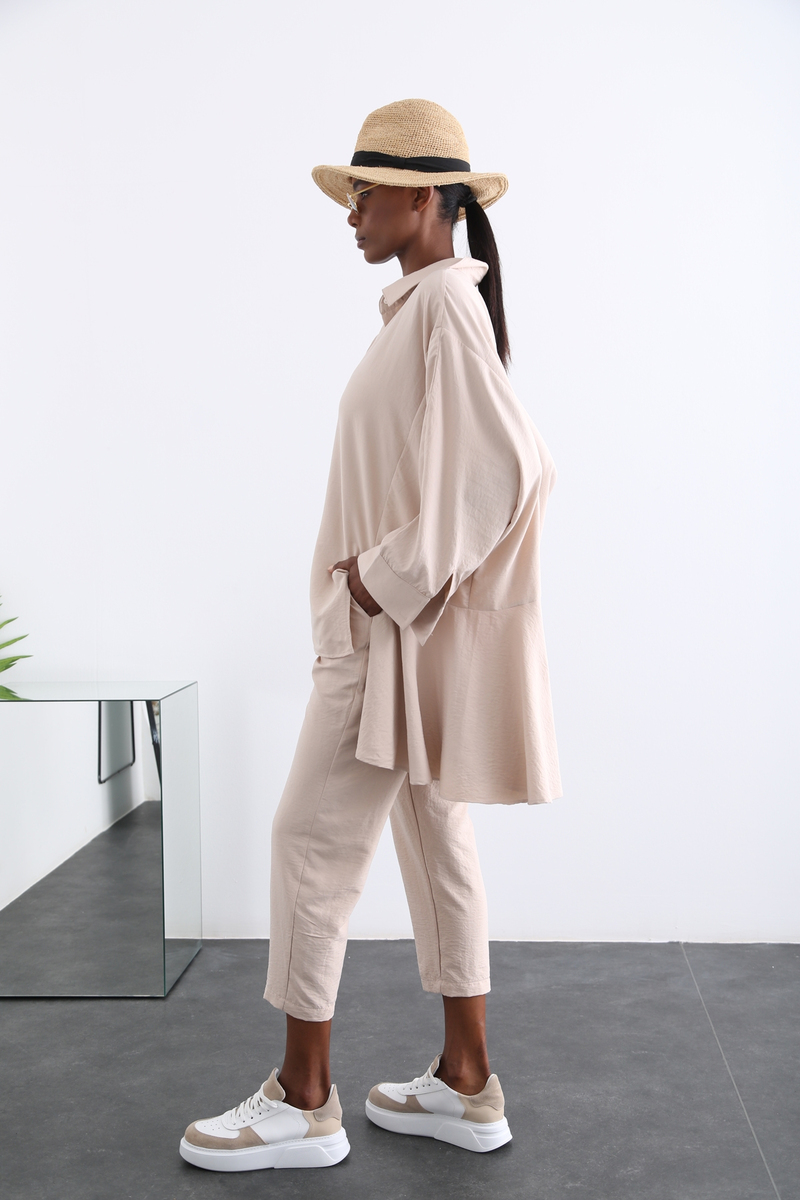 Bej Oversize Gömlek Takım 96056