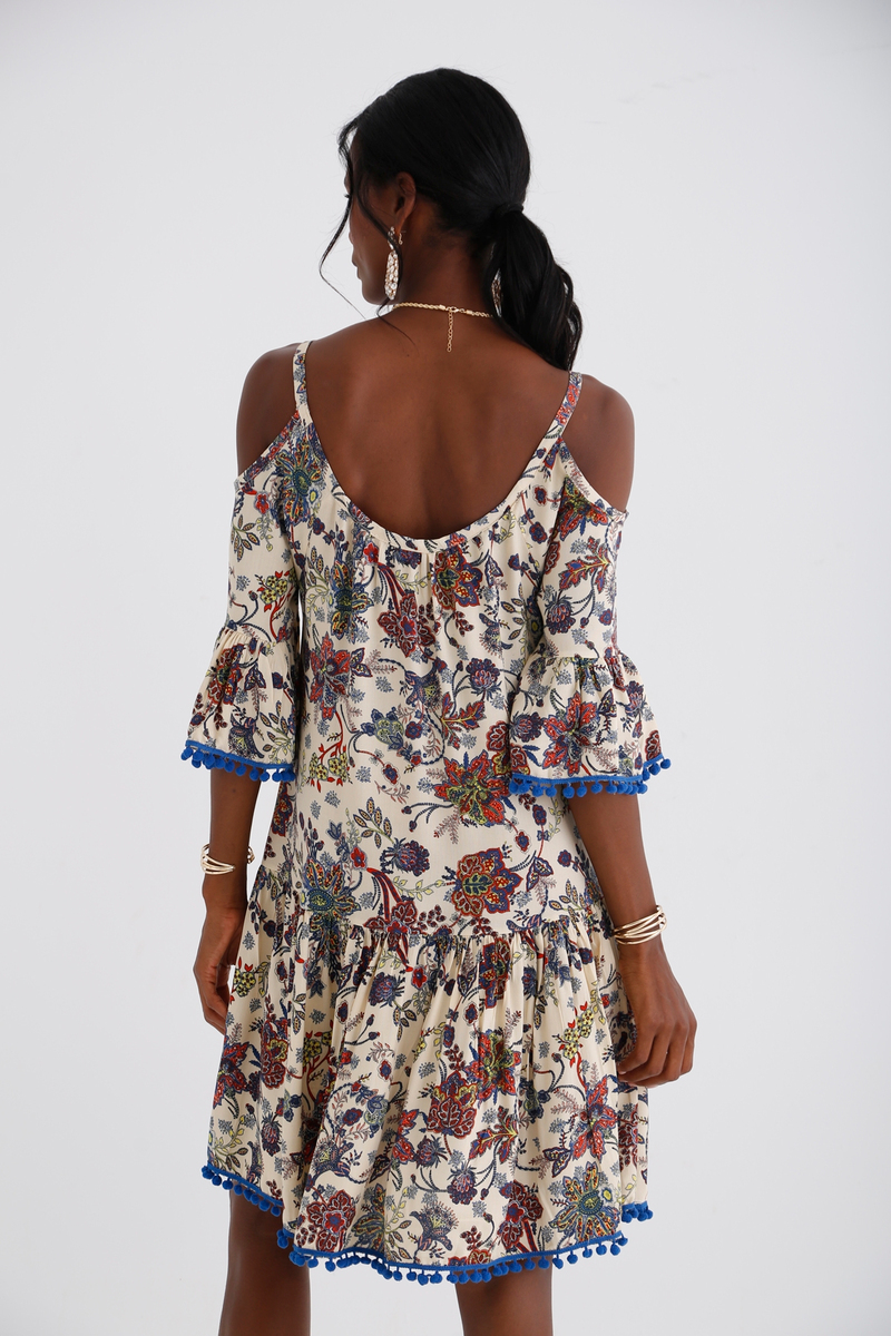 Bej Ponpon Detaylı Elbise 016