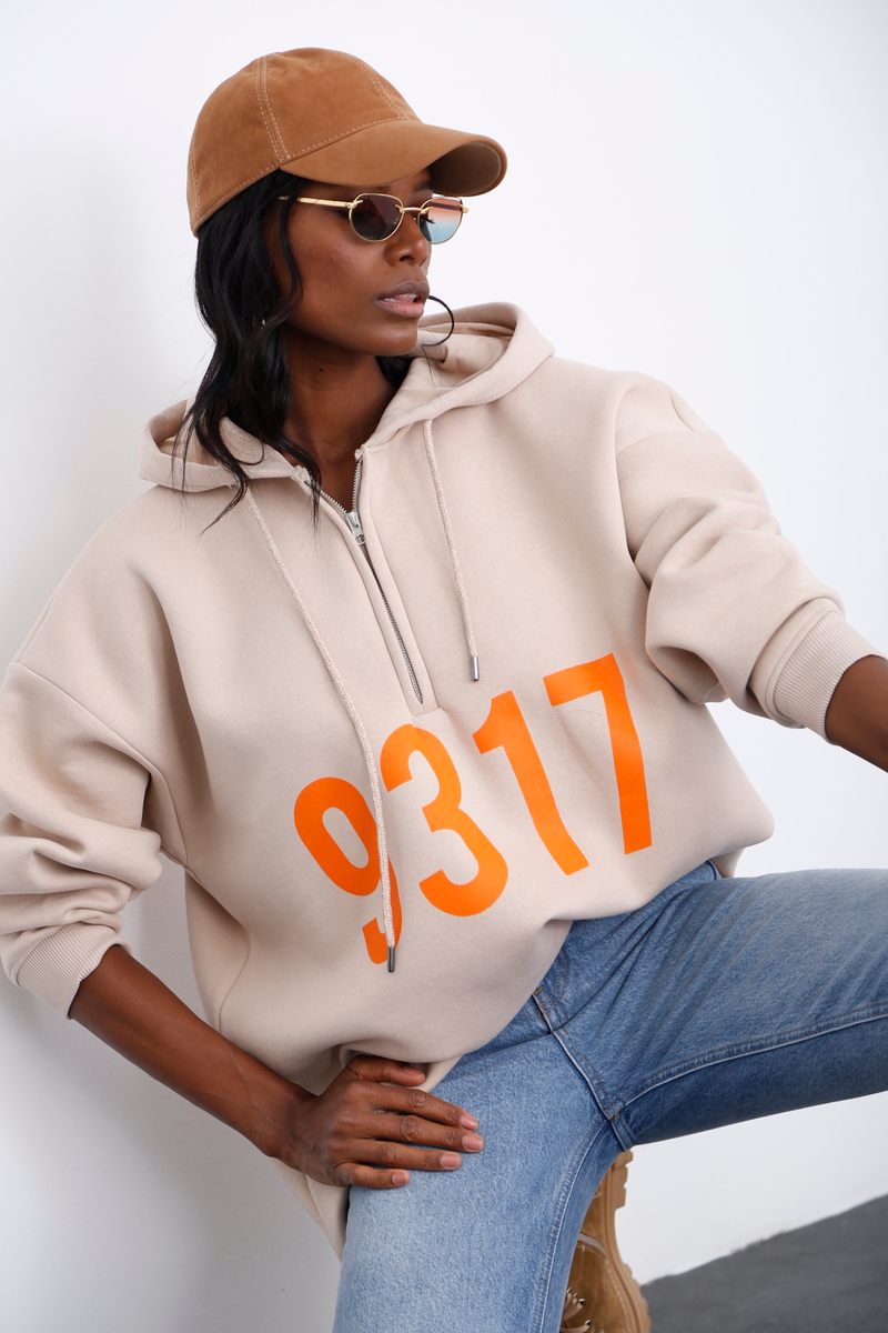 Bej Şardonlu Baskılı Sweatshirt 0091