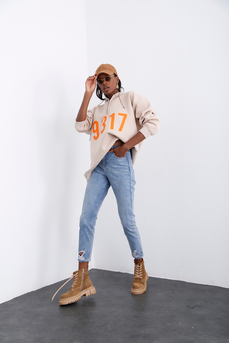 Bej Şardonlu Baskılı Sweatshirt 0091