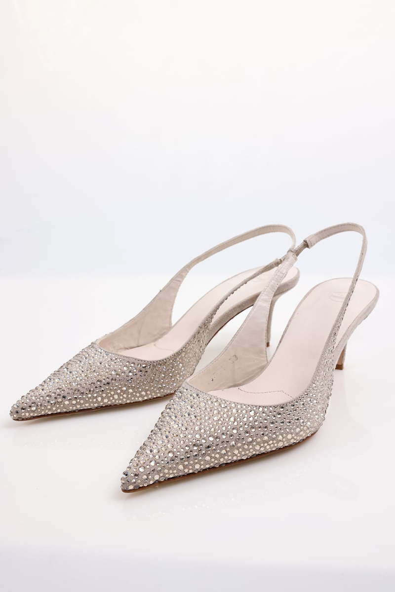 Bej Taşlı Sivri Burun Slingback 26014