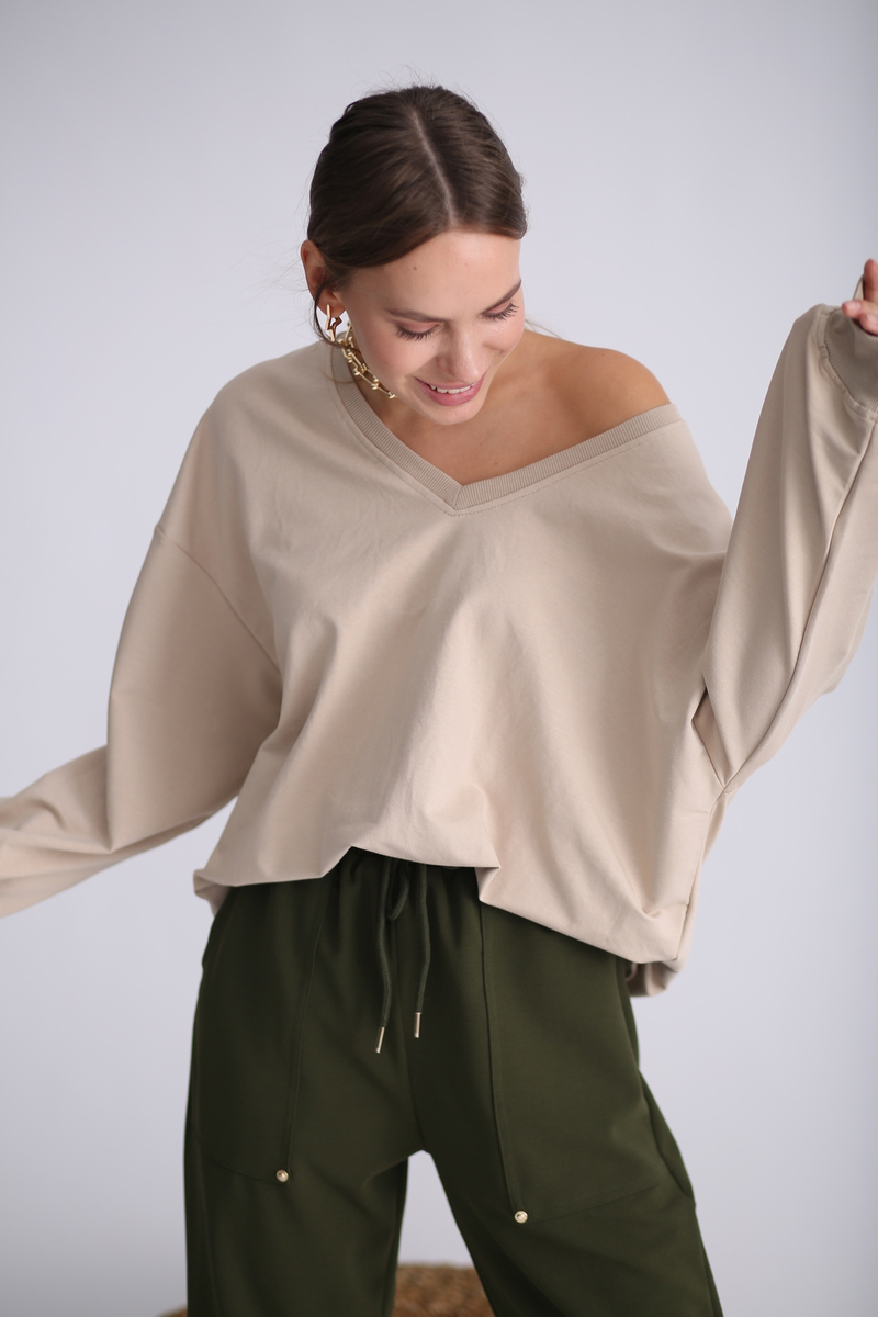 Bej V Yaka Sweatshirt 4910