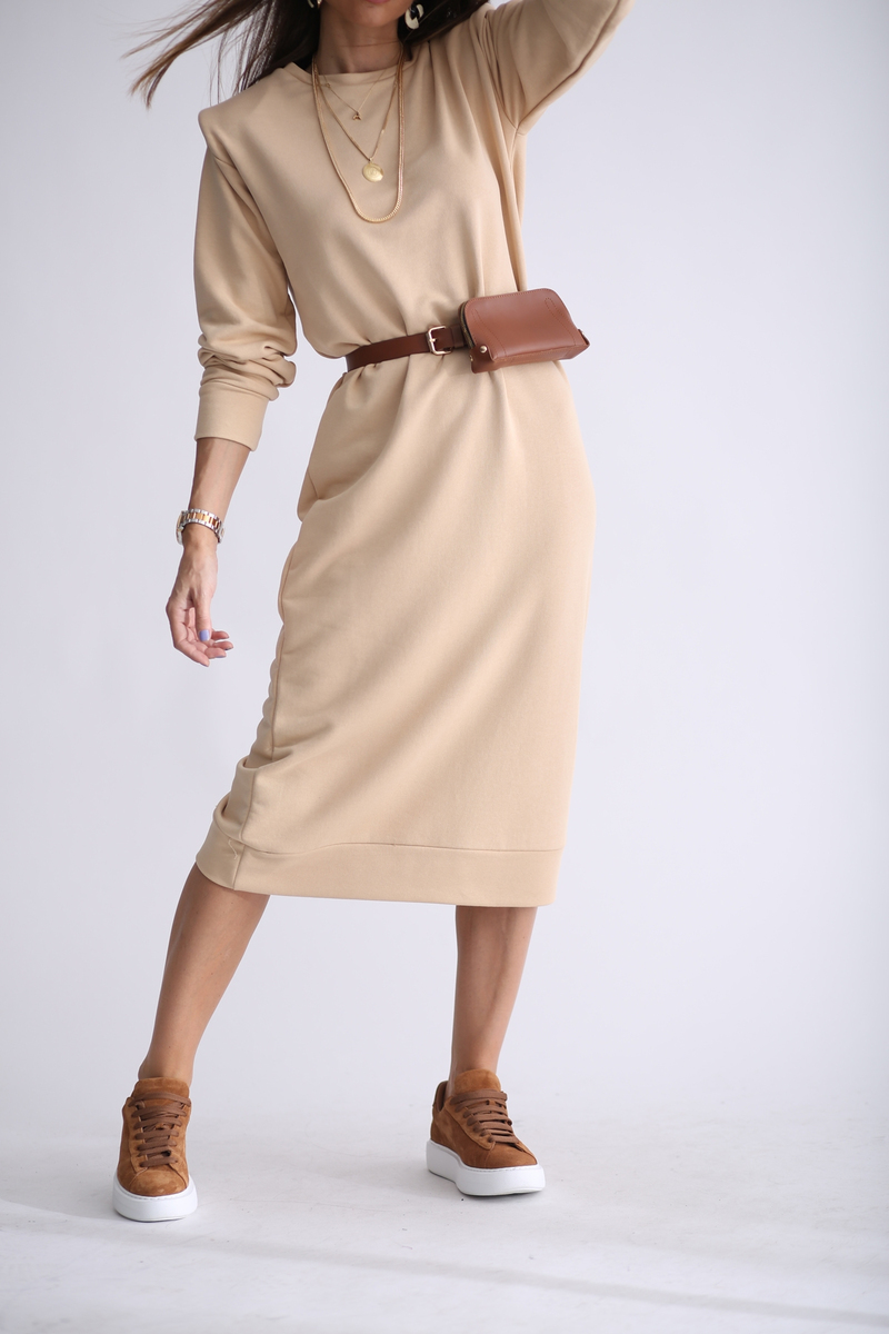 Bej Vatka Detaylı Sweat Elbise 1298