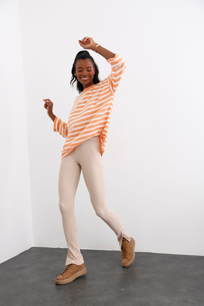 Bej Yırtmaçlı Stretch Pantolon 