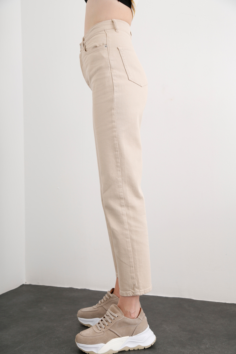 Bej Yüksek Bel Boyfit Jean 0182