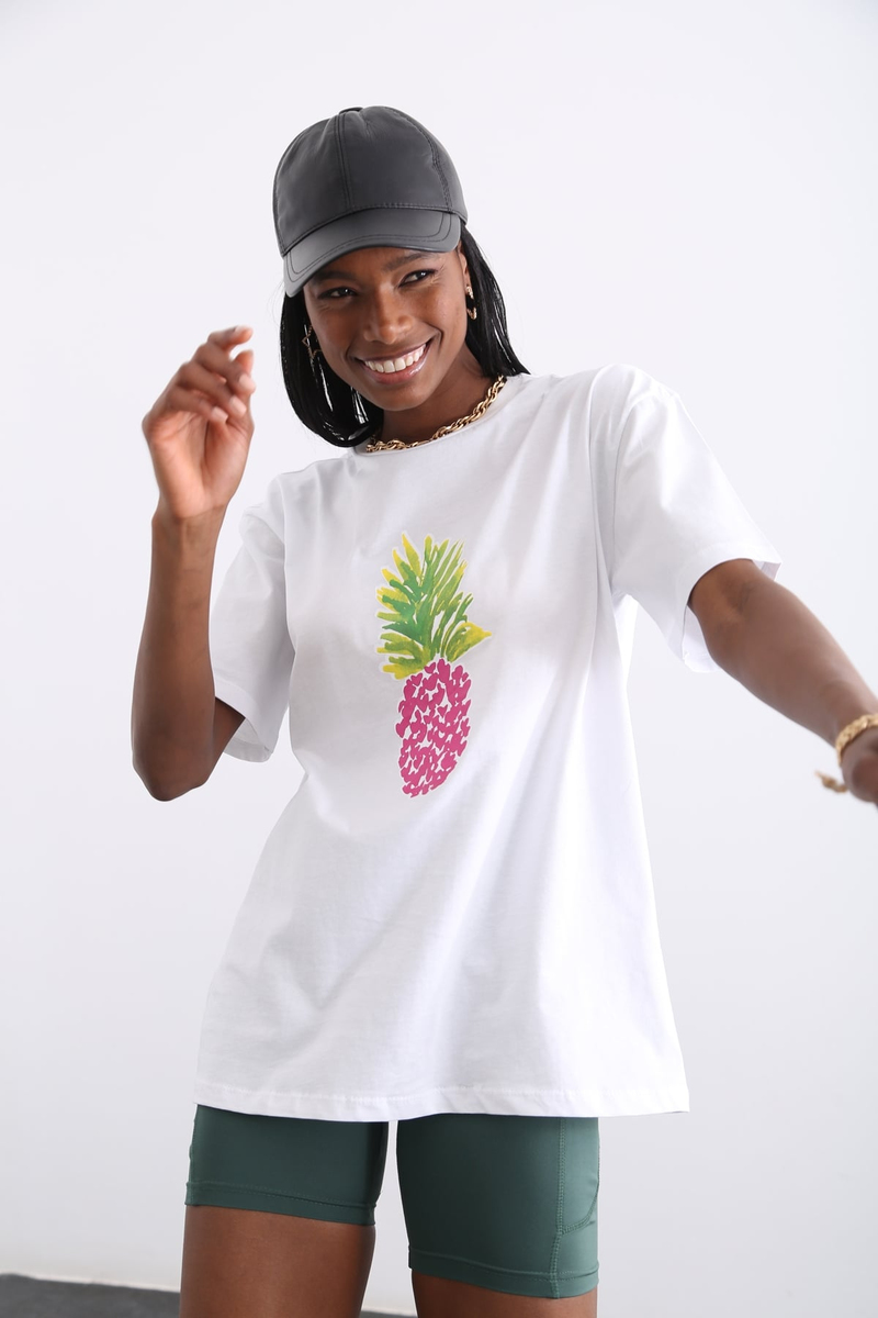 Beyaz Ananas Baskılı Tshirt 3432