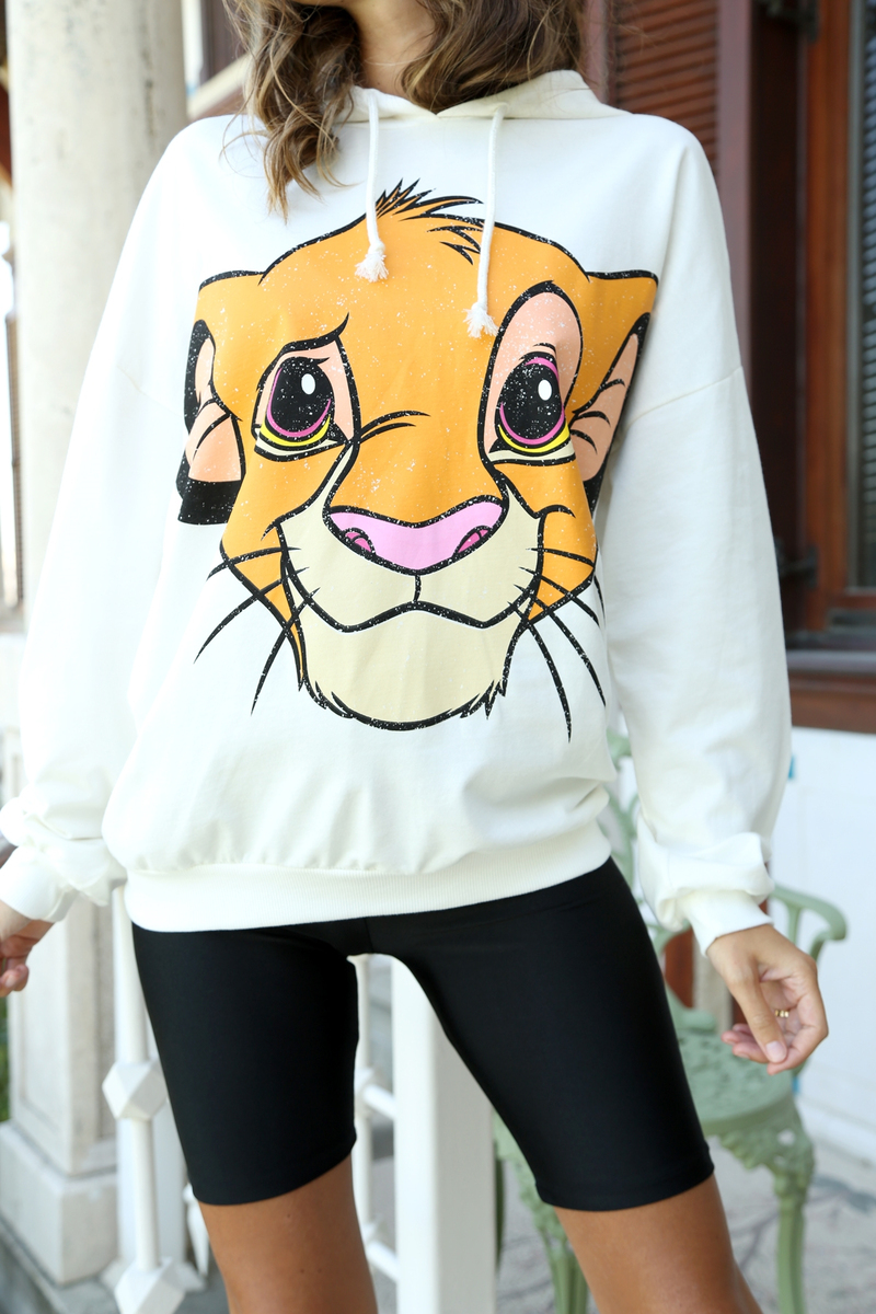 Beyaz Aslan Baskılı Sweatshirt 10114