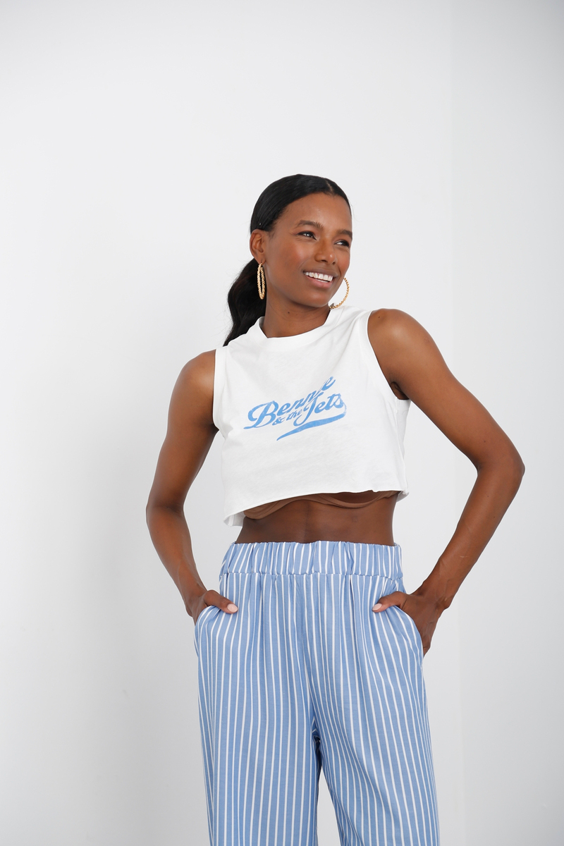 Beyaz Baskılı Kolsuz Crop Tshirt 19162