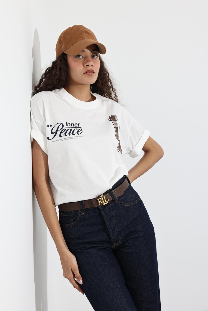 Beyaz Baskılı Oversize Tişört 