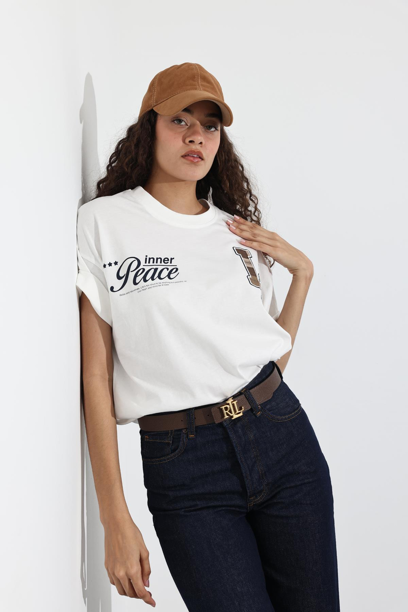 Beyaz Baskılı Oversize Tişört 