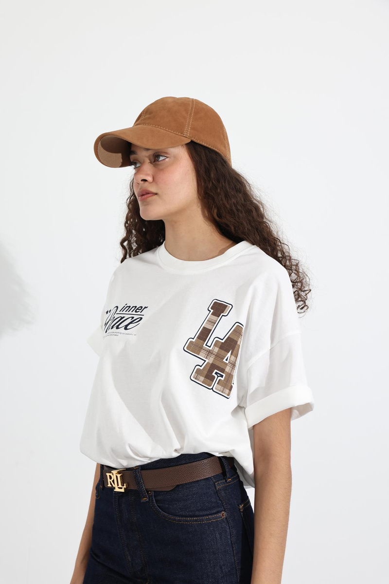 Beyaz Baskılı Oversize Tişört 