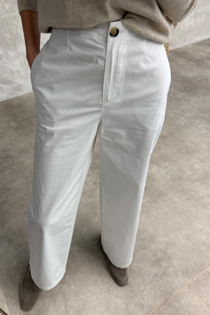 Beyaz Beli Lastikli Pamuklu Pantolon 