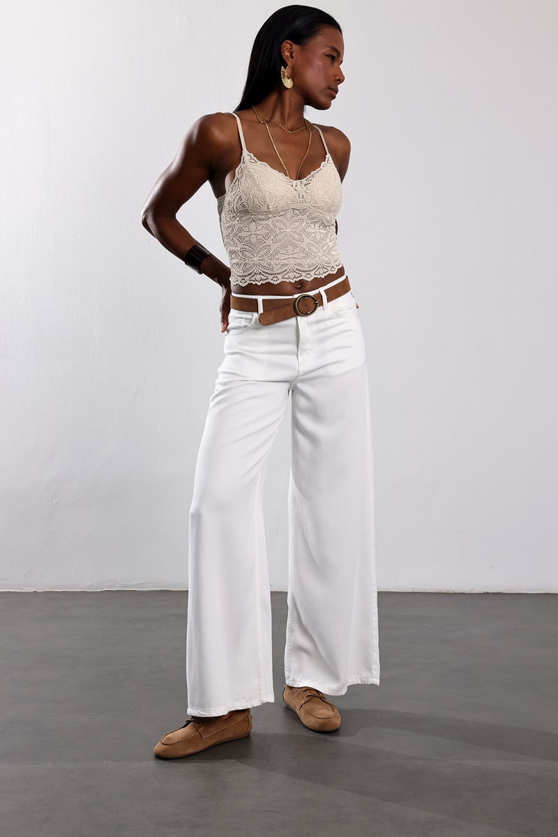Beyaz Beli Lastikli Tensel Jean 