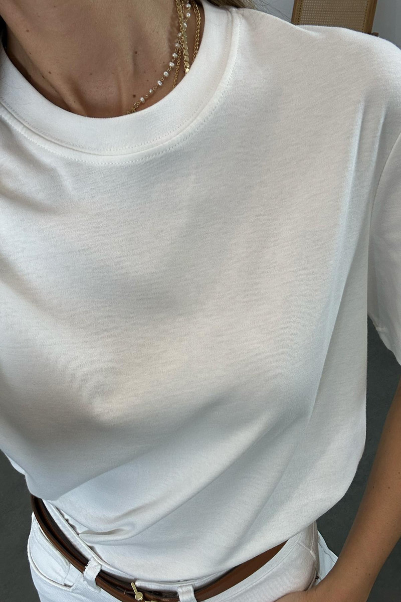 Beyaz Bisiklet Yaka Basic Tişört 1075